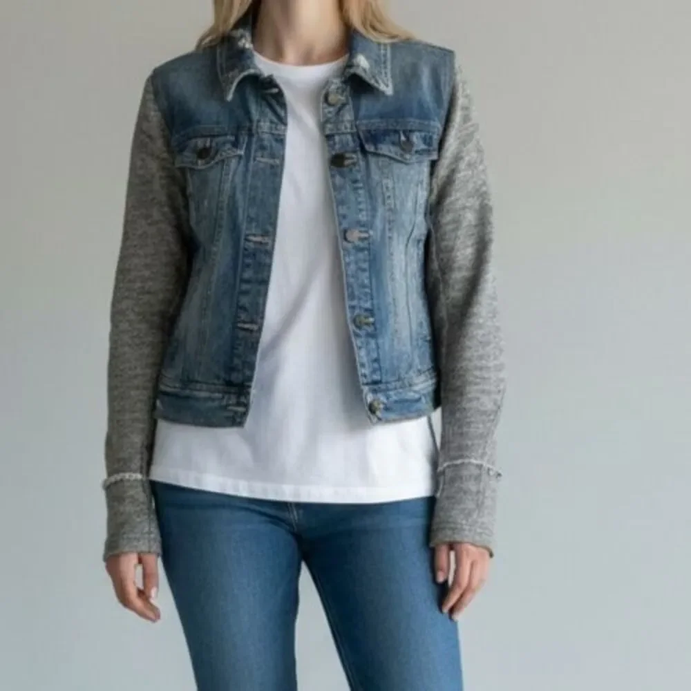 Free People Distressed Knit Denim Jean Jacket Women XS Blue Grey NO HOOD - Picture 1 of 12
